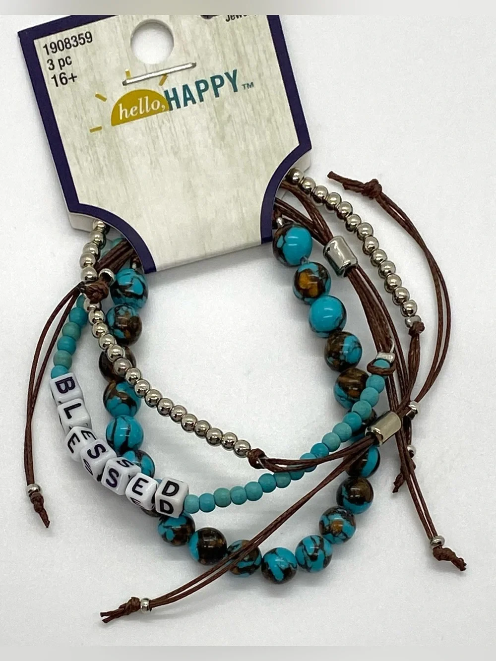 Hello Happy Turquoise Blue Brown Beaded Bracelet Boho Fall Festival Southwestern